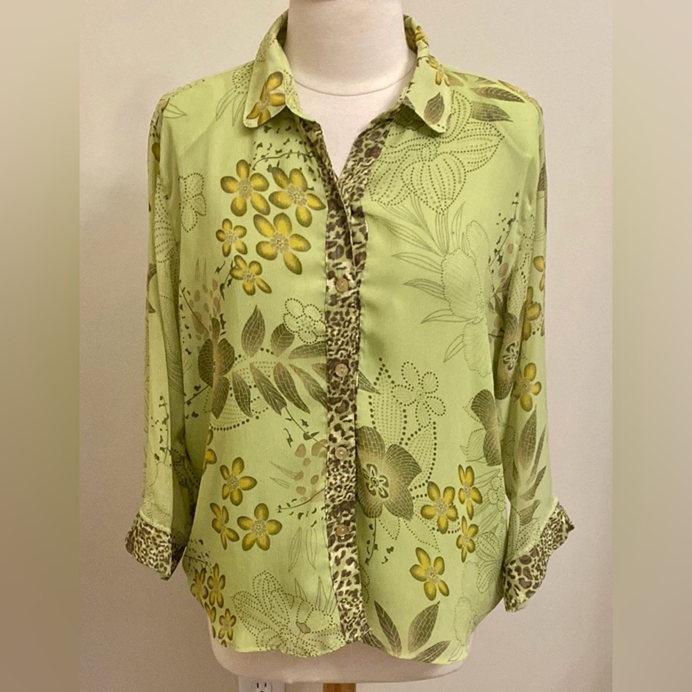Keneth Too! Lime Green Floral Animal Print SZ L Chiffon Y2K Boho Chic 90s Top